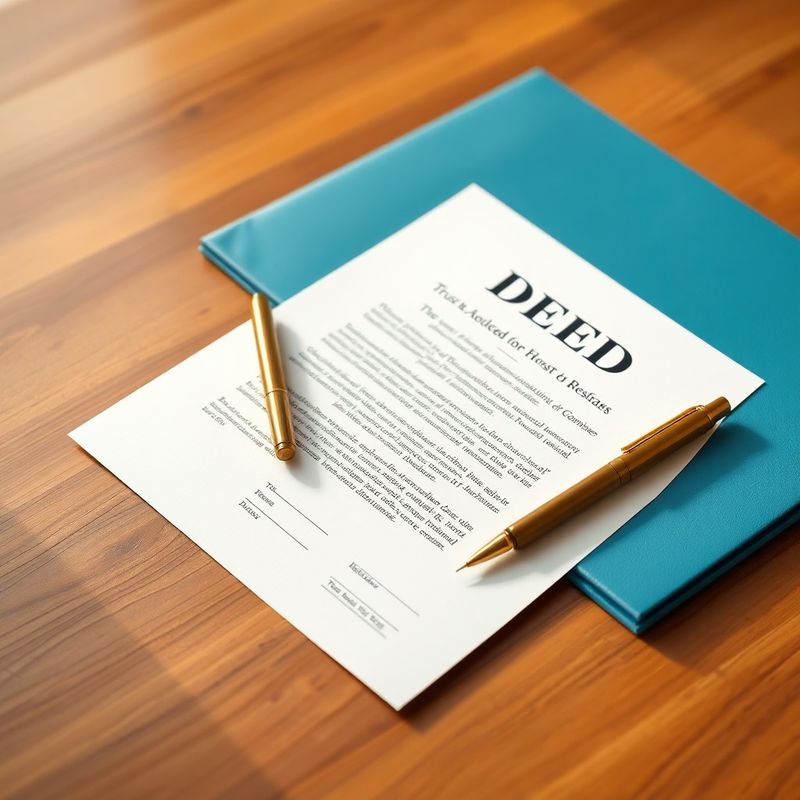 Document de trust pe o suprafață de lemn lustruit, cu stilou auriu și dosar juridic azuriu