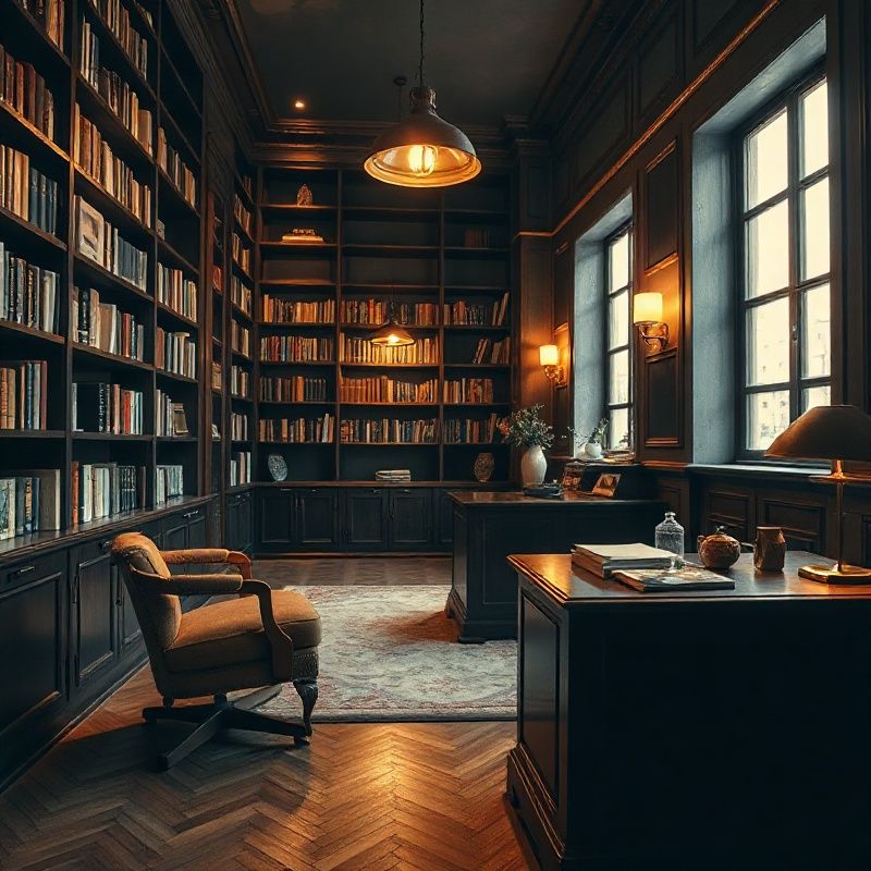 Interiorul unui birou privat cu bibliotecă și mobilier din lemn închis la culoare, luminat cald