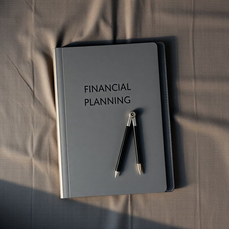 Vedere de sus a unui dosar de planificare financiară, un compas și un stilou pe pânză gri