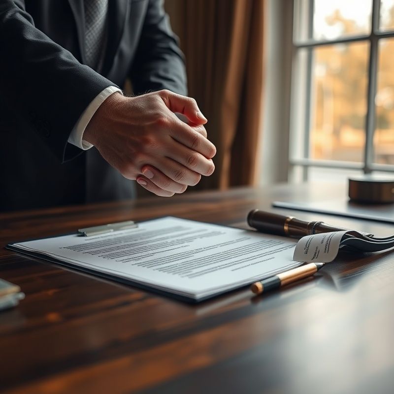 Două mâini strângându-se peste un document juridic pe un birou din stejar